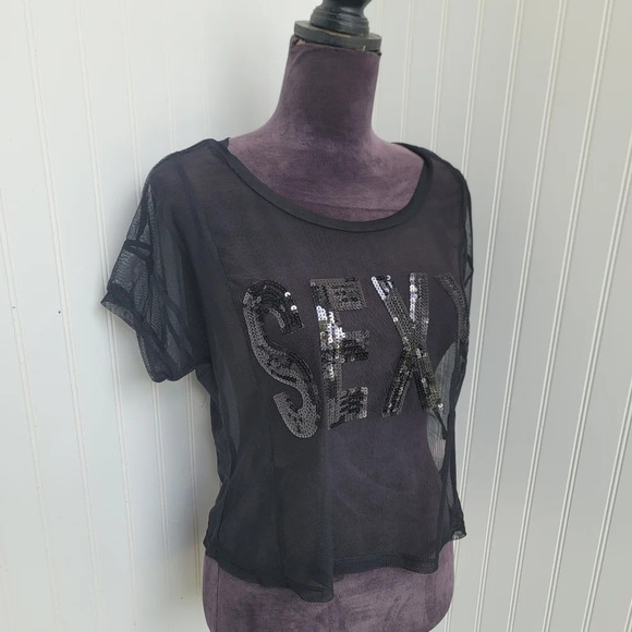 SANS SOUCI Sexy SEQUIN Black Net PARTY COCKTAIL WOMEN'S Sheer Cropped Top Sz S - Picture 12 of 12